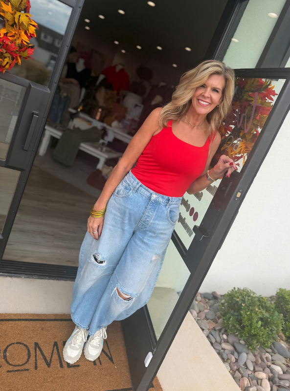 Karli-Red Square Neck Bodysuit