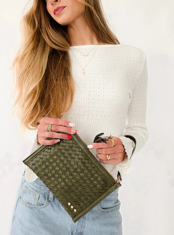 Veda Woven Crossbody and Clutch Bag- Olive