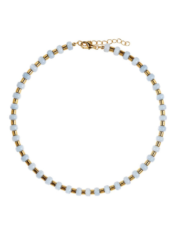 Denim Gemstone Necklace with Gold Hammered Accents