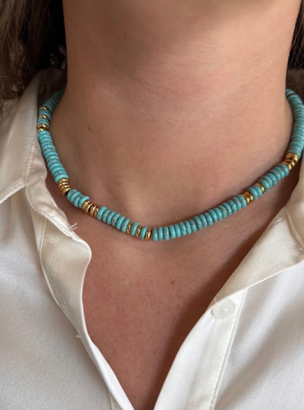 Small Turquoise Gemstone Necklace with Gold Accents