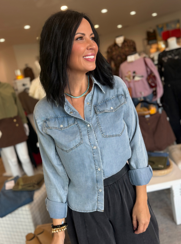 Charlie Tencel Button Down Top-Light Denim