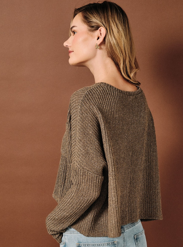 Paige Wide Neck Drop Shoulder LS Pocketed Top - Brown
