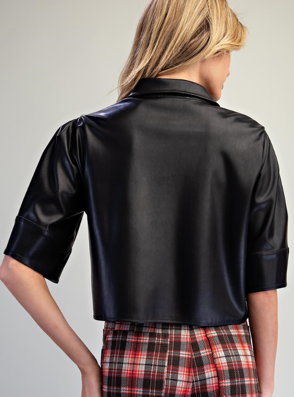 Pleather Button Down Shirt - Black