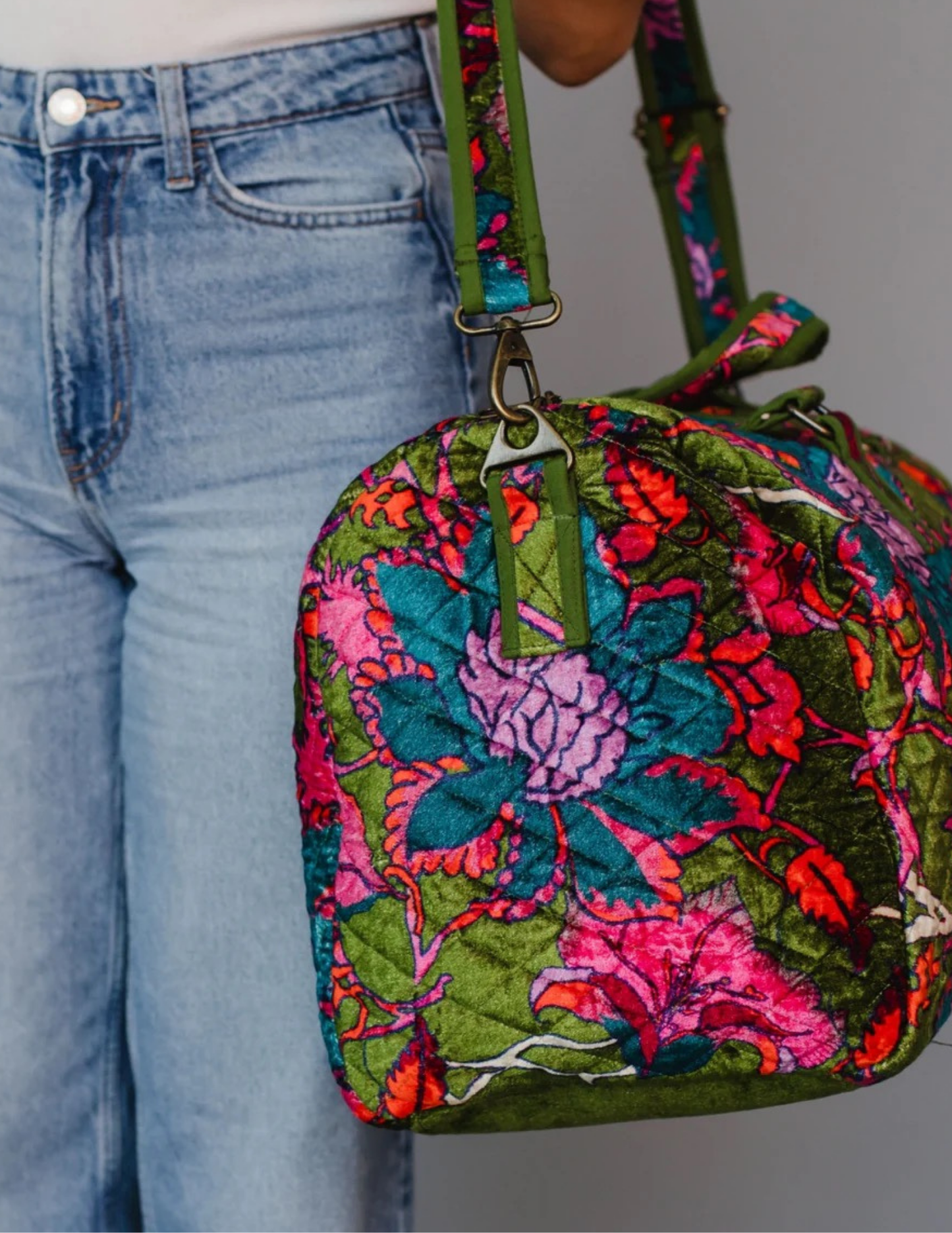 Olive & Multicolored Floral Duffle