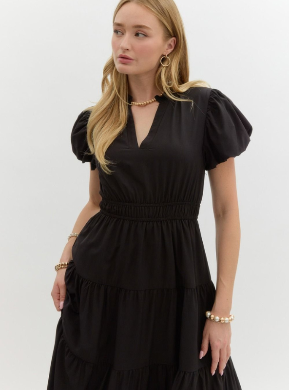 Black Bubble Sleeve Tiered Midi Dress