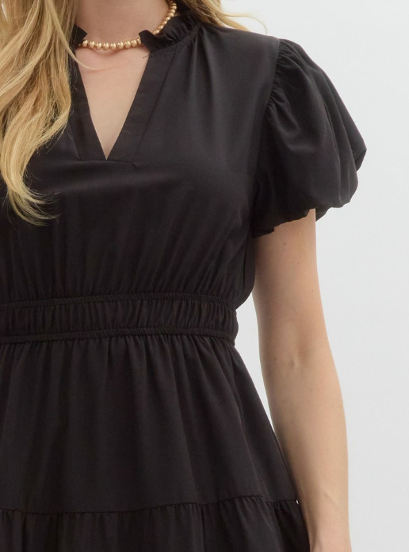 Black Bubble Sleeve Tiered Midi Dress