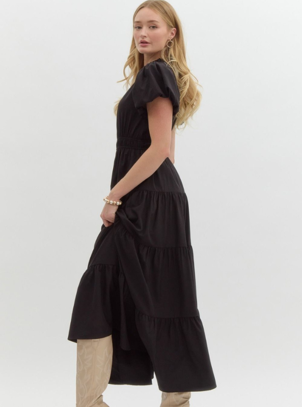 Black Bubble Sleeve Tiered Midi Dress