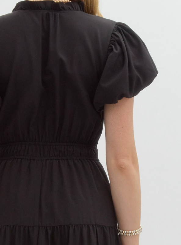 Black Bubble Sleeve Tiered Midi Dress
