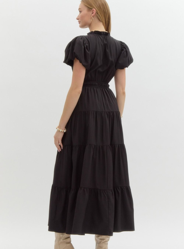 Black Bubble Sleeve Tiered Midi Dress