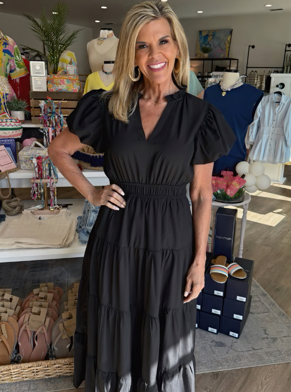 Black Bubble Sleeve Tiered Midi Dress - Tres Chic Boutique