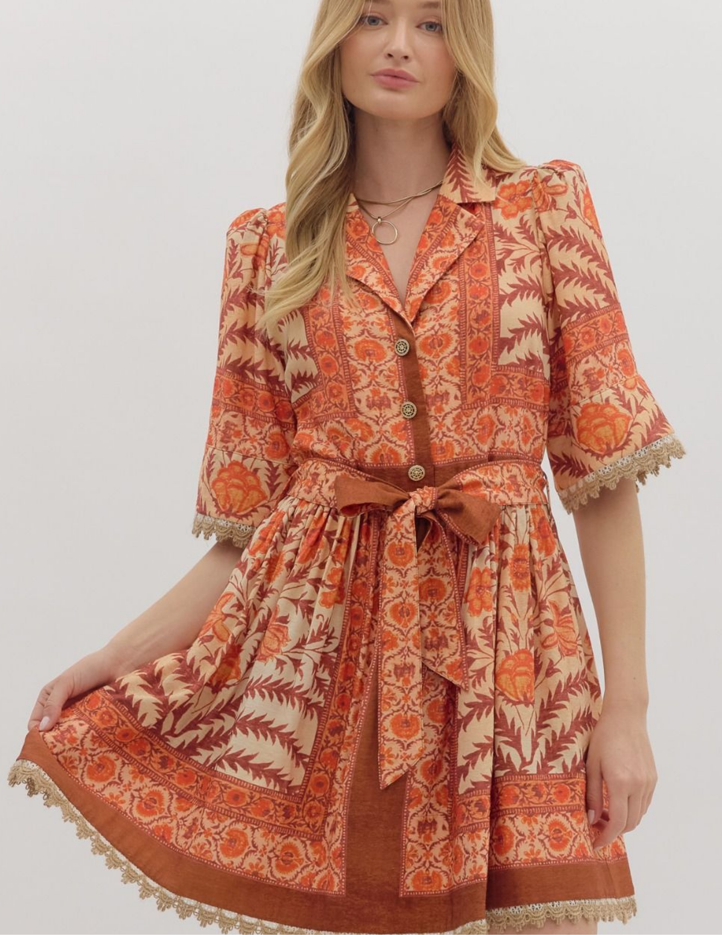 Botanical Belted Dress- Rust - Tres Chic Boutique