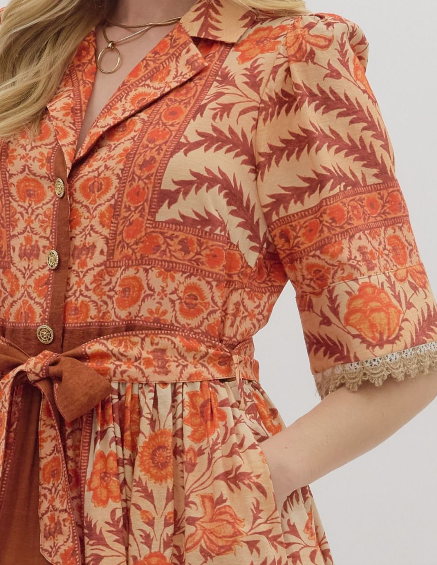 Botanical Belted Dress- Rust - Tres Chic Boutique