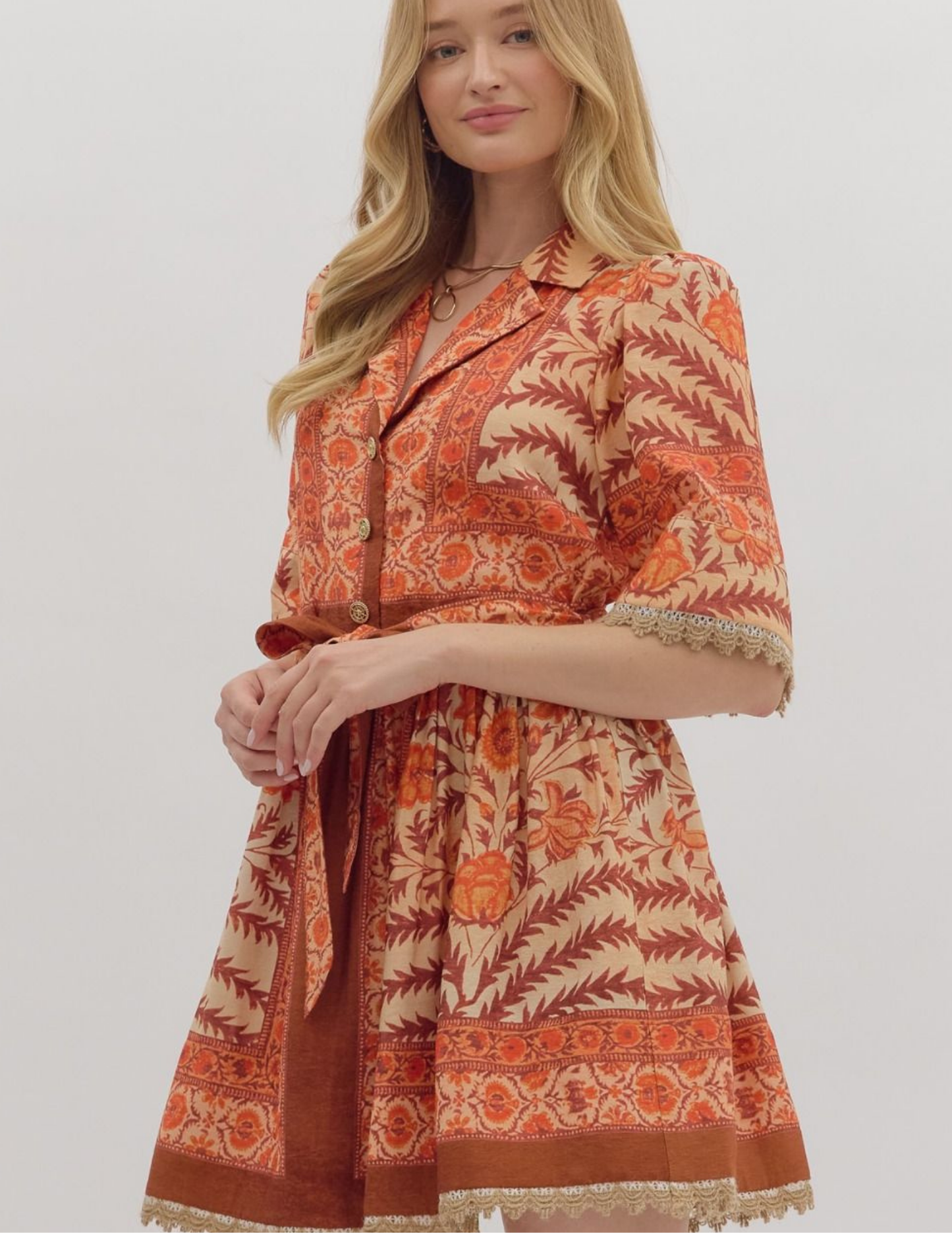 Botanical Belted Dress- Rust - Tres Chic Boutique