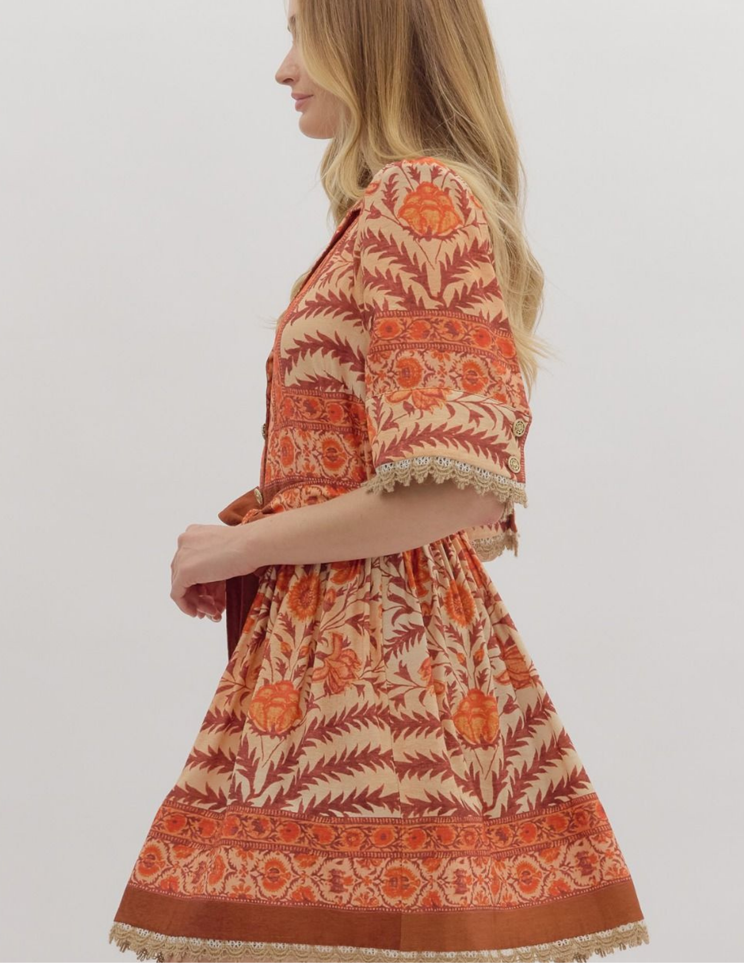 Botanical Belted Dress- Rust - Tres Chic Boutique