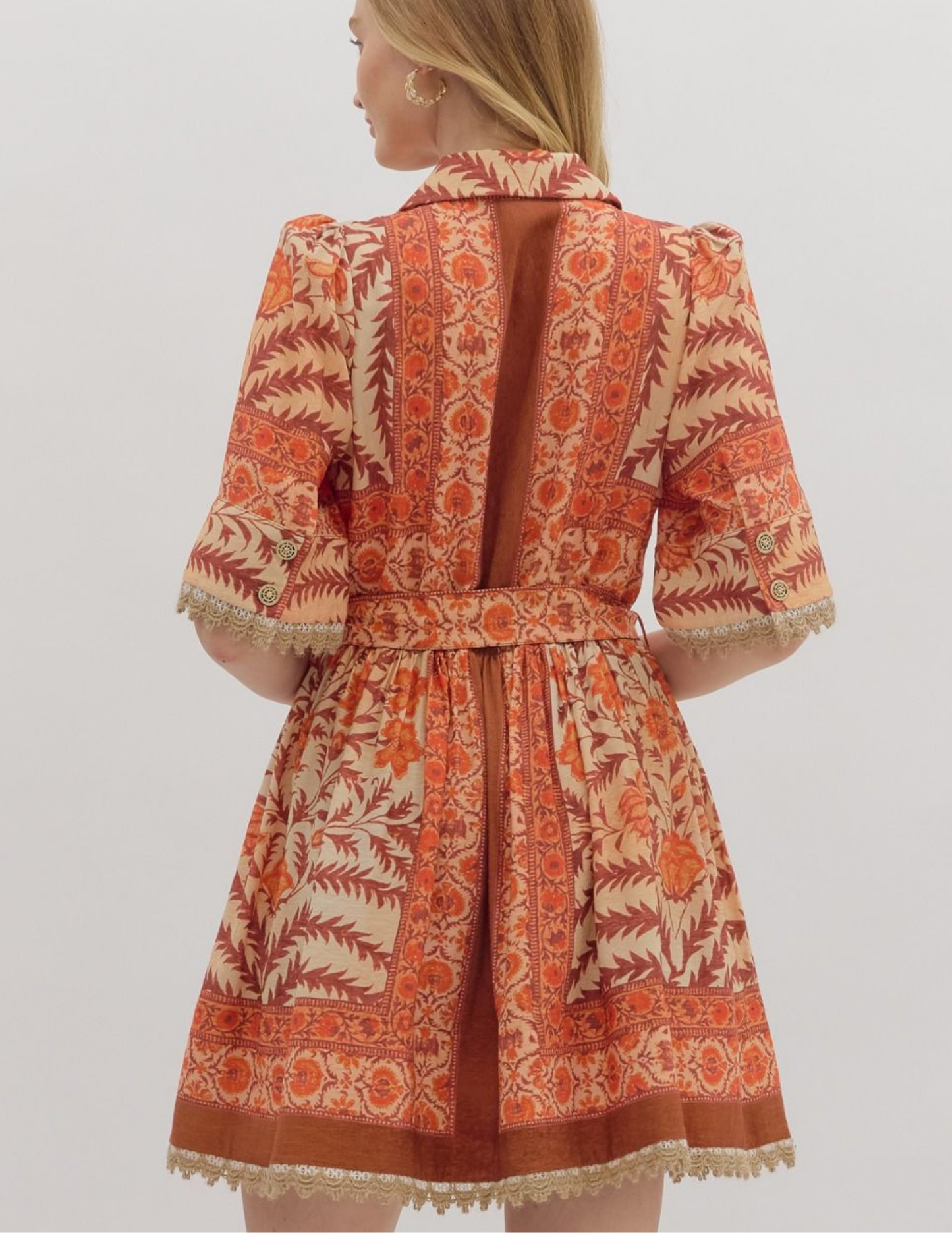 Botanical Belted Dress- Rust - Tres Chic Boutique