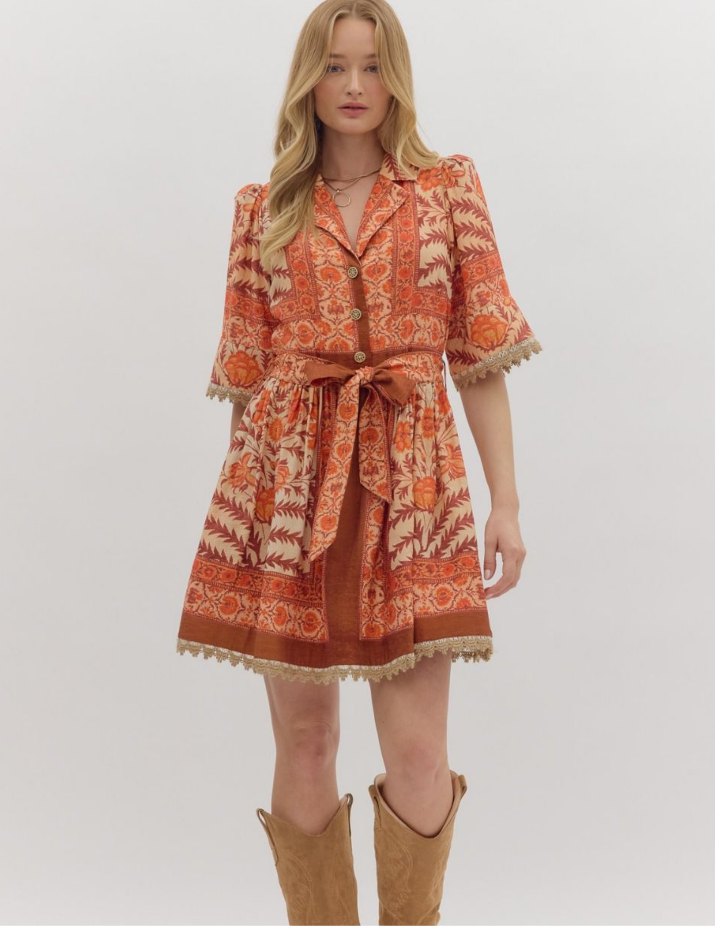 Botanical Belted Dress- Rust - Tres Chic Boutique