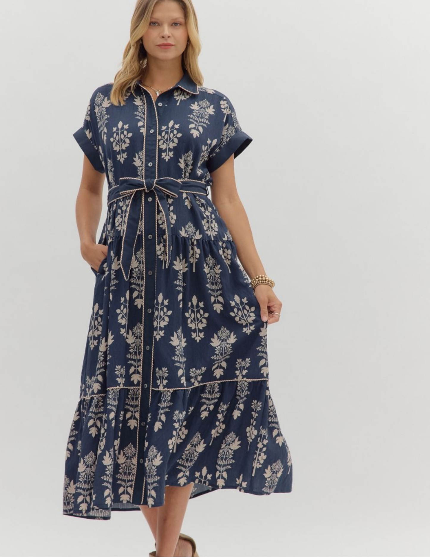 Botanical Midi Dress- Navy - Tres Chic Boutique
