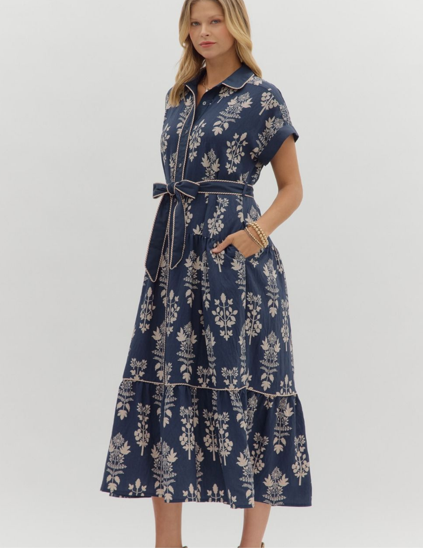 Botanical Midi Dress- Navy - Tres Chic Boutique