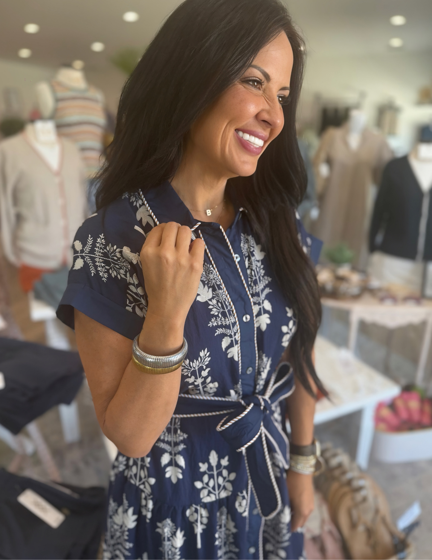 Botanical Midi Dress- Navy - Tres Chic Boutique