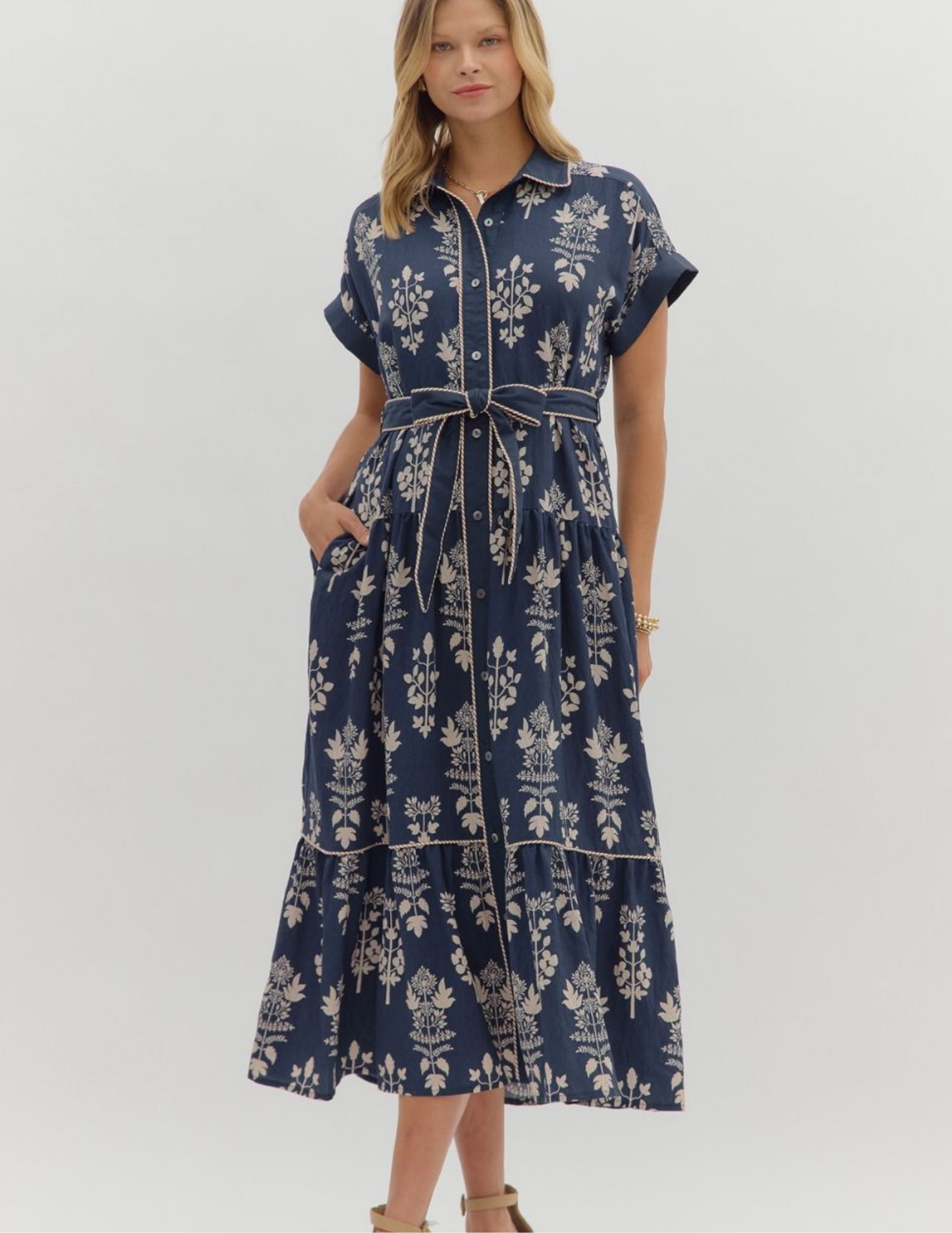 Botanical Midi Dress- Navy - Tres Chic Boutique