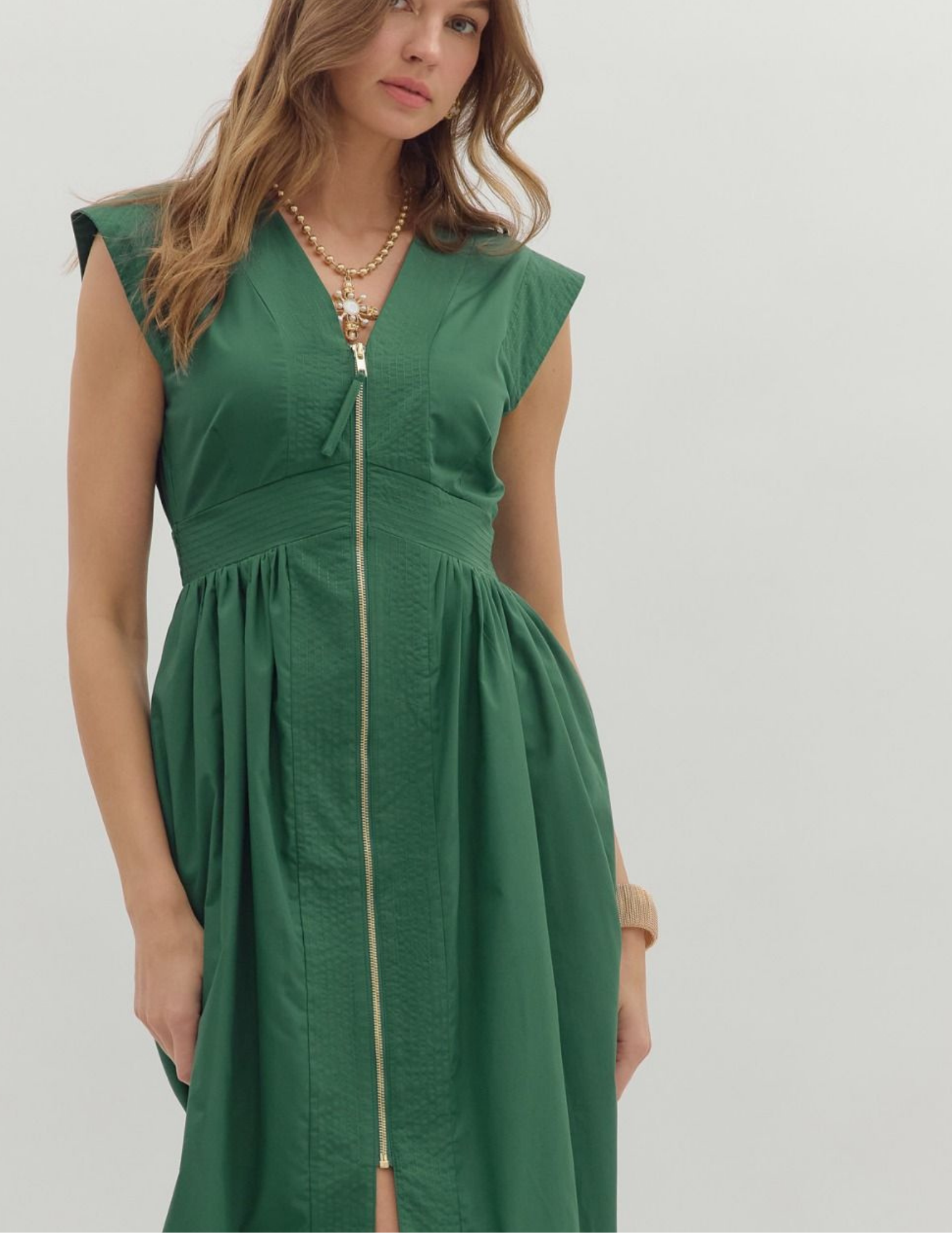 Fall Front Zip Midi Dress- Hunter Green - Tres Chic Boutique