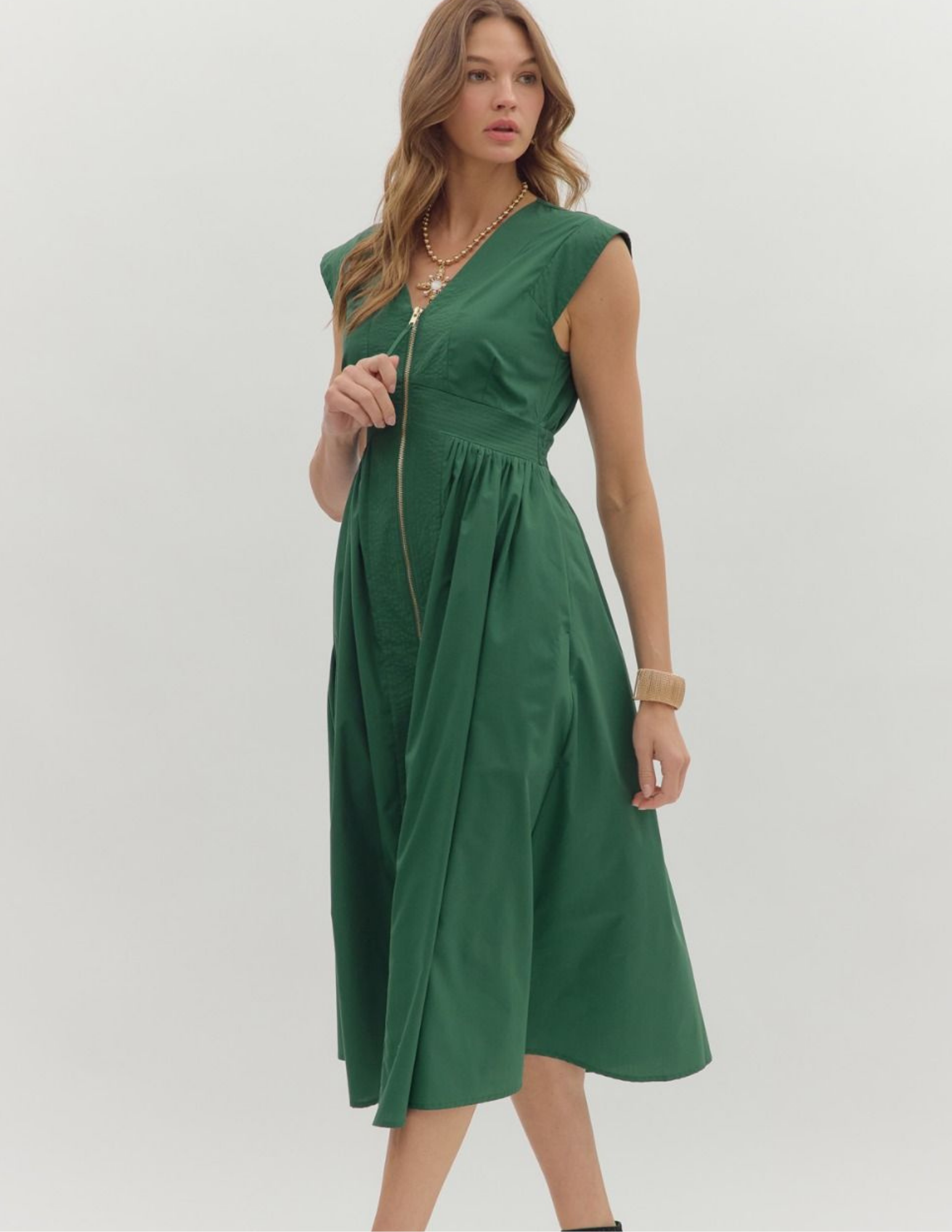 Fall Front Zip Midi Dress- Hunter Green - Tres Chic Boutique