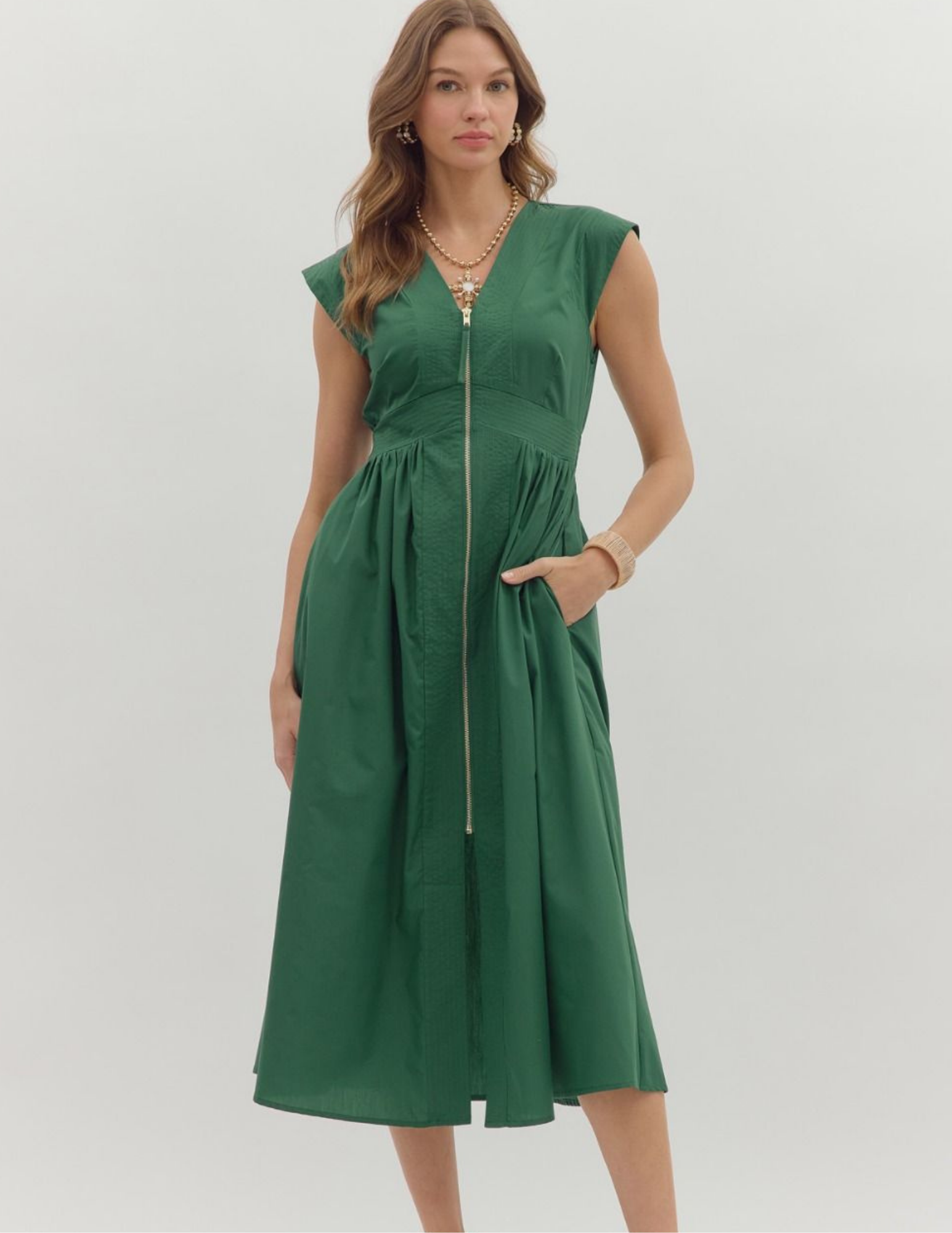 Fall Front Zip Midi Dress- Hunter Green - Tres Chic Boutique