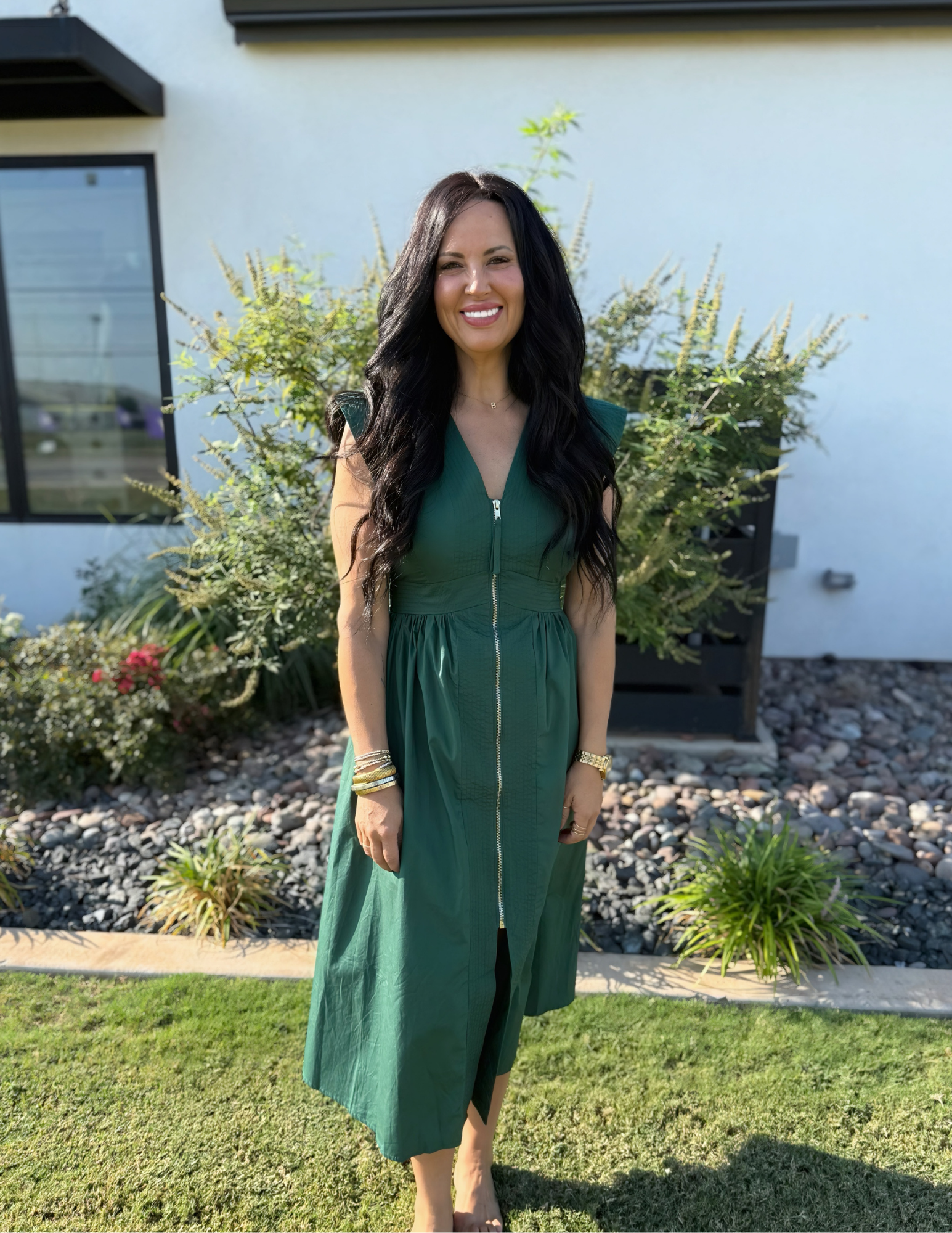 Fall Front Zip Midi Dress- Hunter Green - Tres Chic Boutique