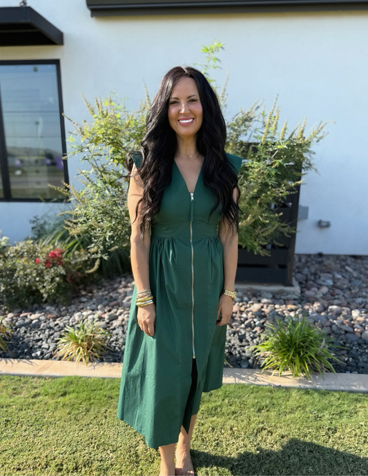 Fall Front Zip Midi Dress- Hunter Green - Tres Chic Boutique
