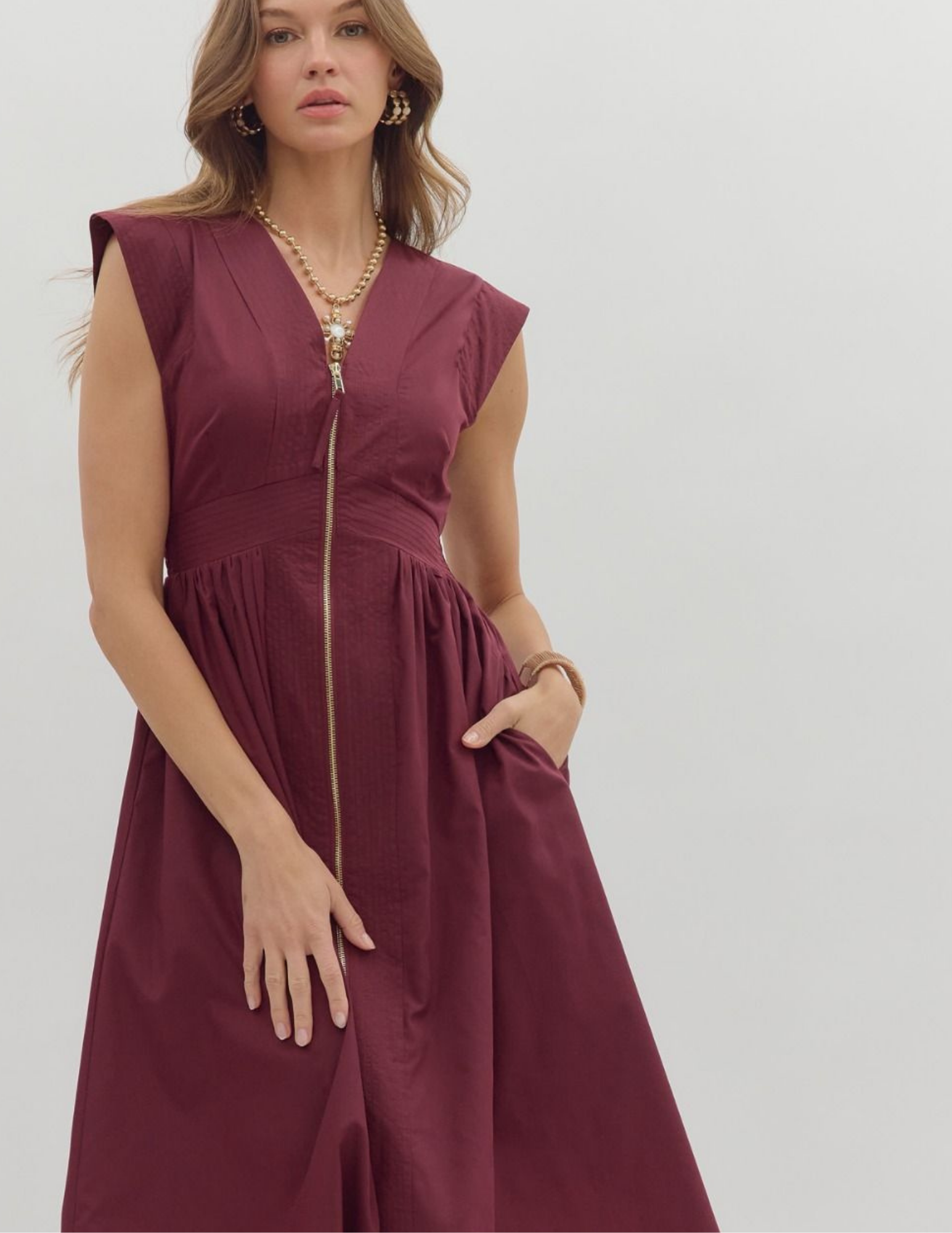 Fall Front Zip Midi Dress- Wine - Tres Chic Boutique
