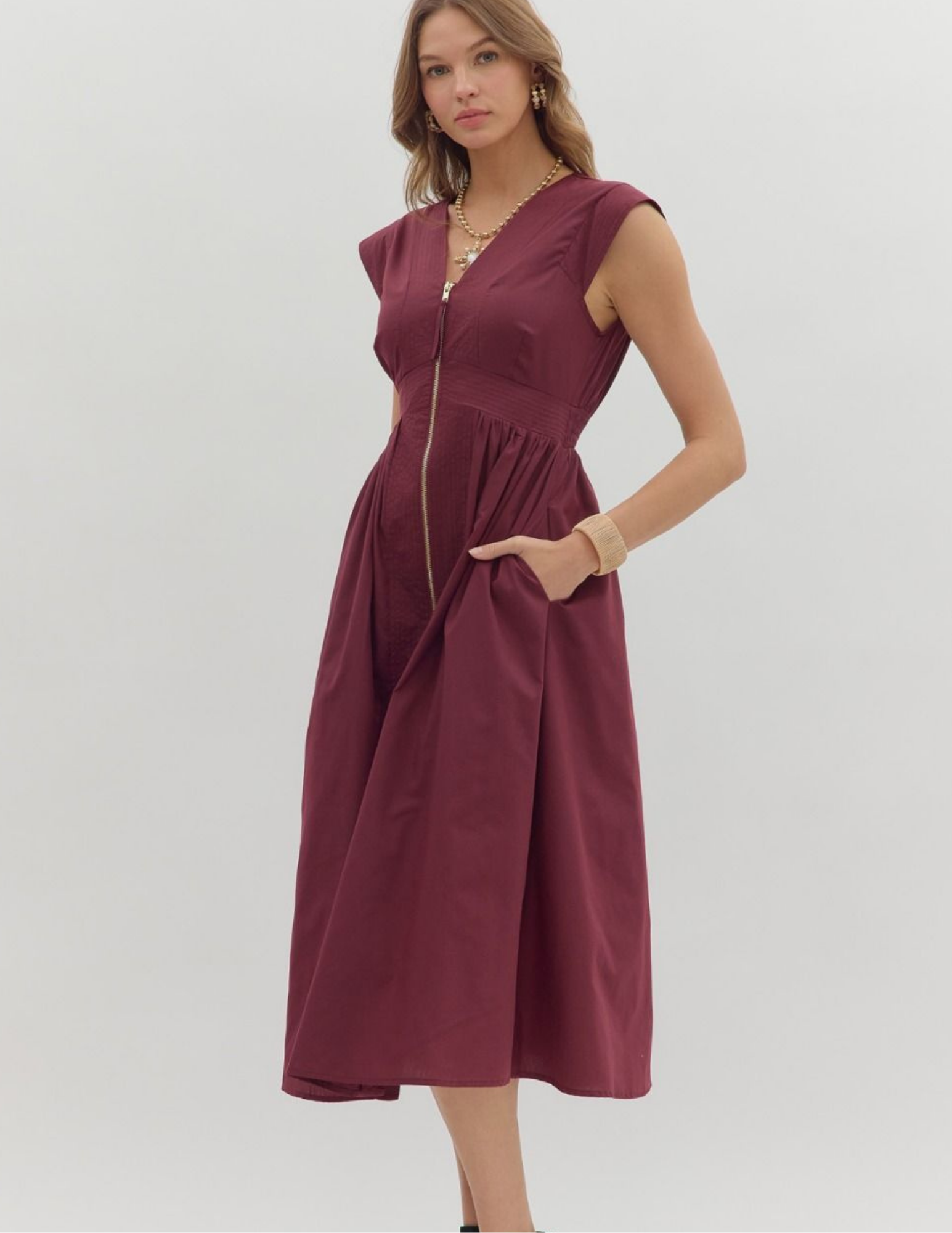 Fall Front Zip Midi Dress- Wine - Tres Chic Boutique