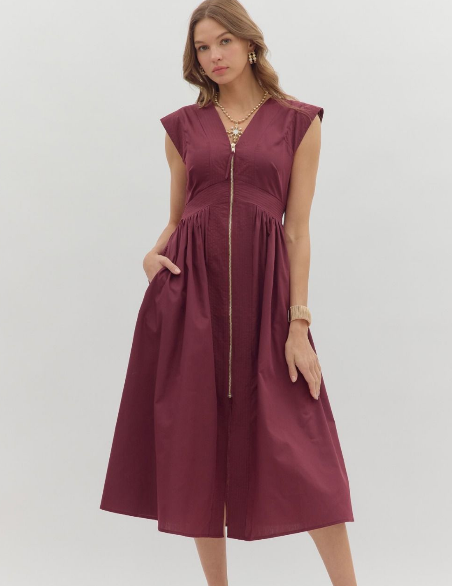Fall Front Zip Midi Dress- Wine - Tres Chic Boutique