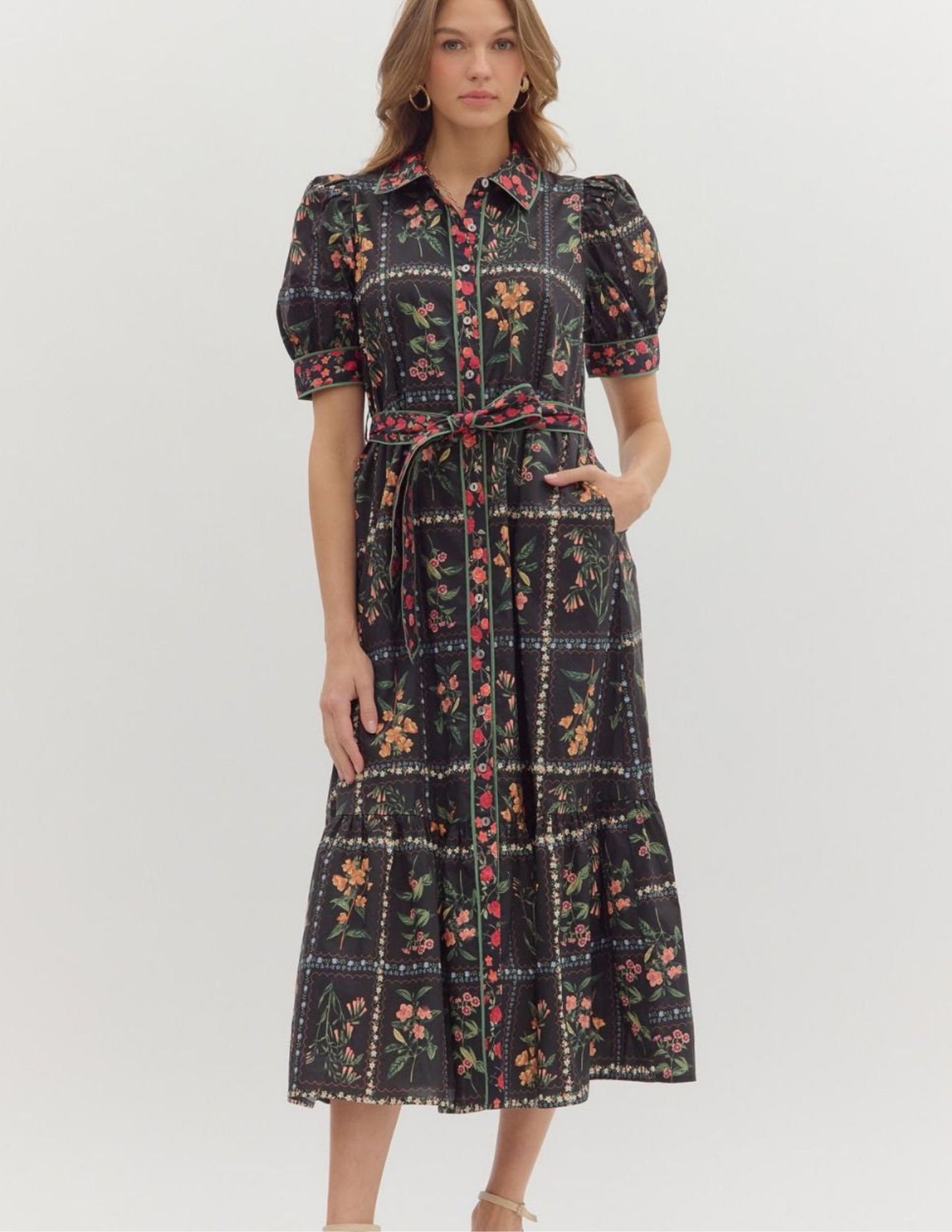 Fall In Love Floral Midi Dress- Black - Tres Chic Boutique