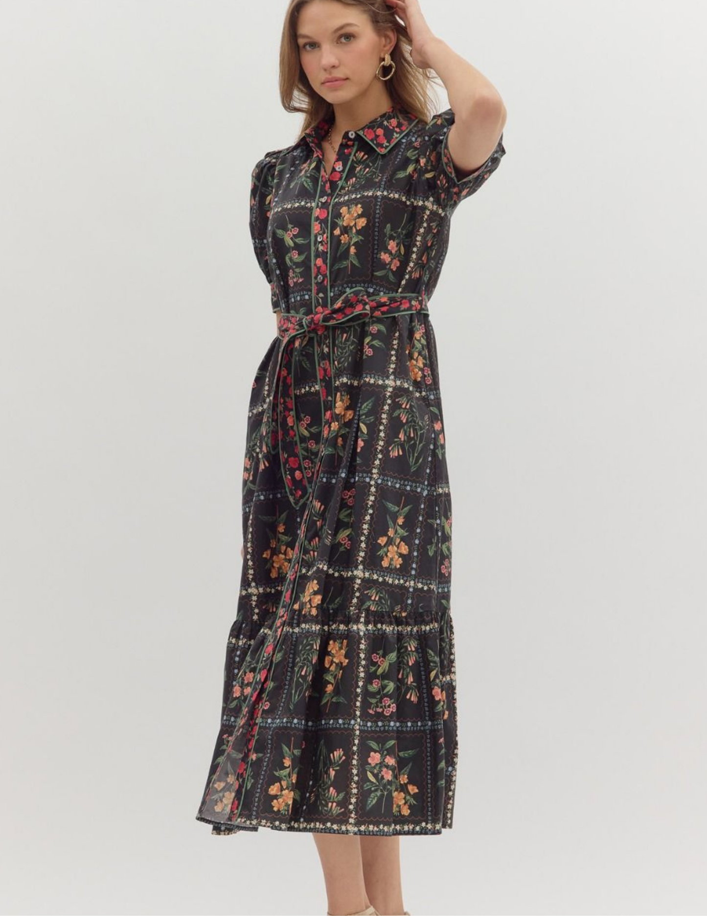 Fall In Love Floral Midi Dress- Black - Tres Chic Boutique