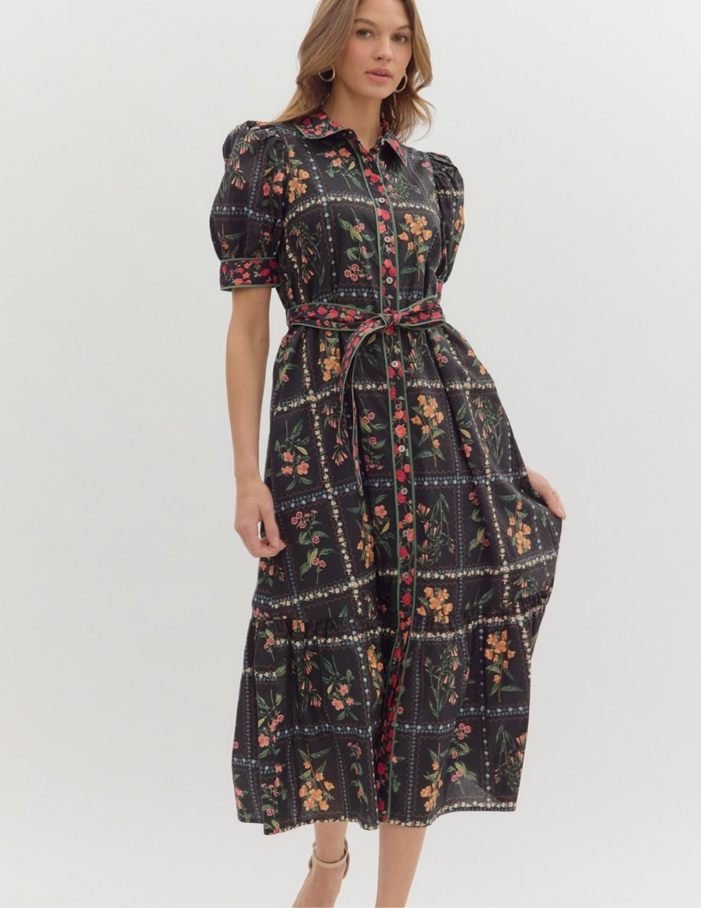 Fall In Love Floral Midi Dress- Black - Tres Chic Boutique