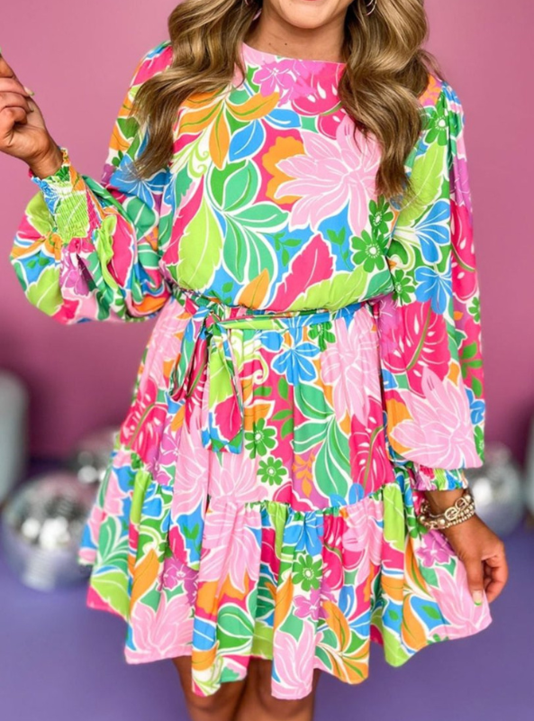 Floral Bubble Sleeve Mini Dress