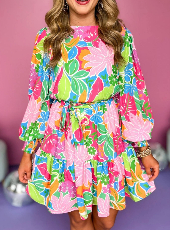 Floral Bubble Sleeve Mini Dress
