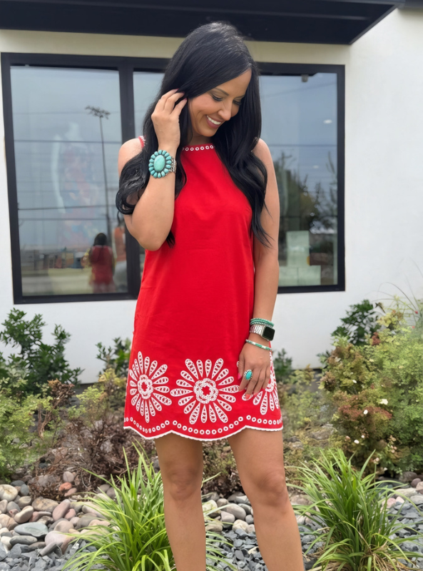 chic mini dresses Floral Embroidered Dress- Red Medium Name/Description:Tina Deposit - Ballgown w Long Sleeves and Colorful Lace Waist 30 DAY12 WHAT TO WEAR IN