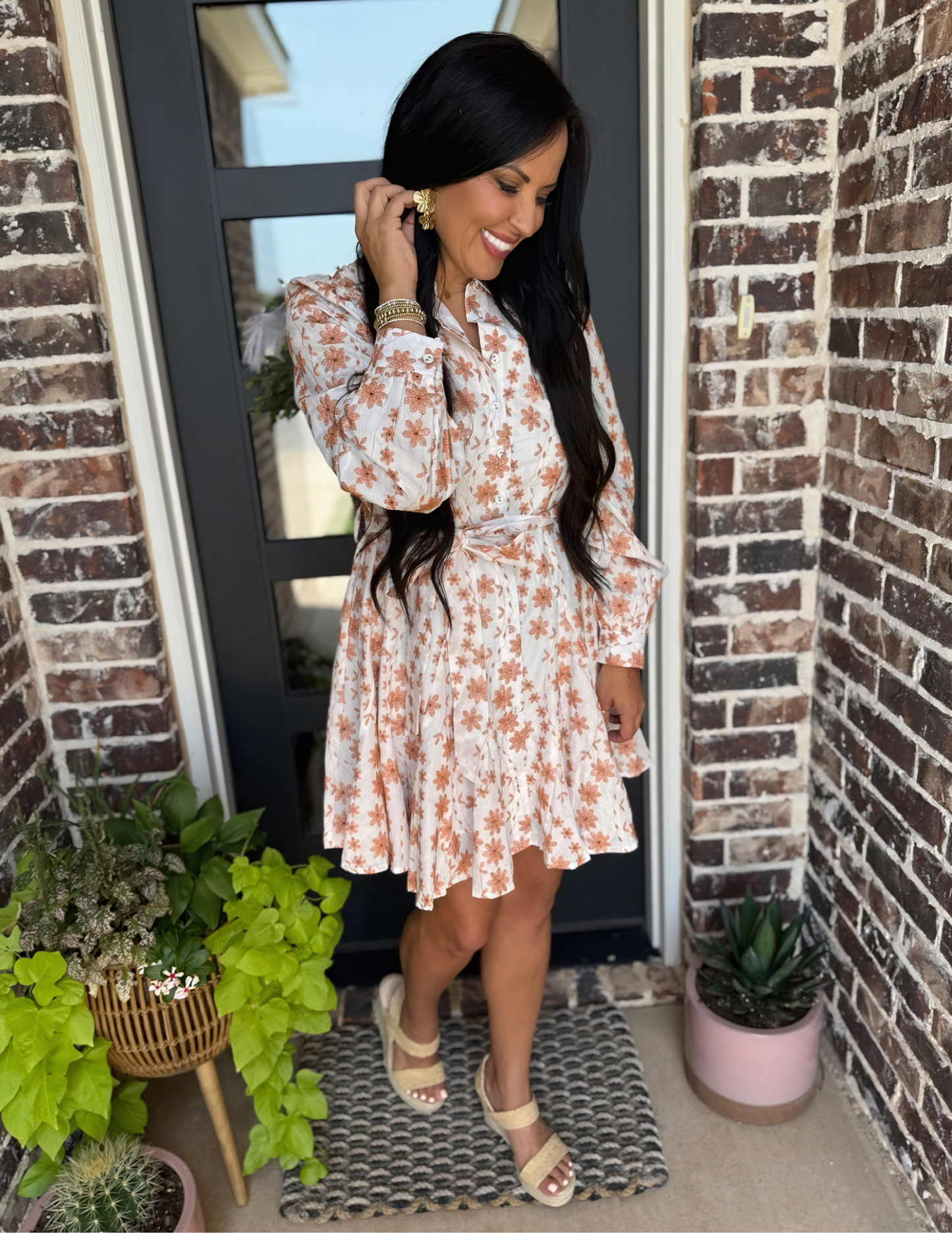 Floral Embroidery Button Down Flared Mini Dress