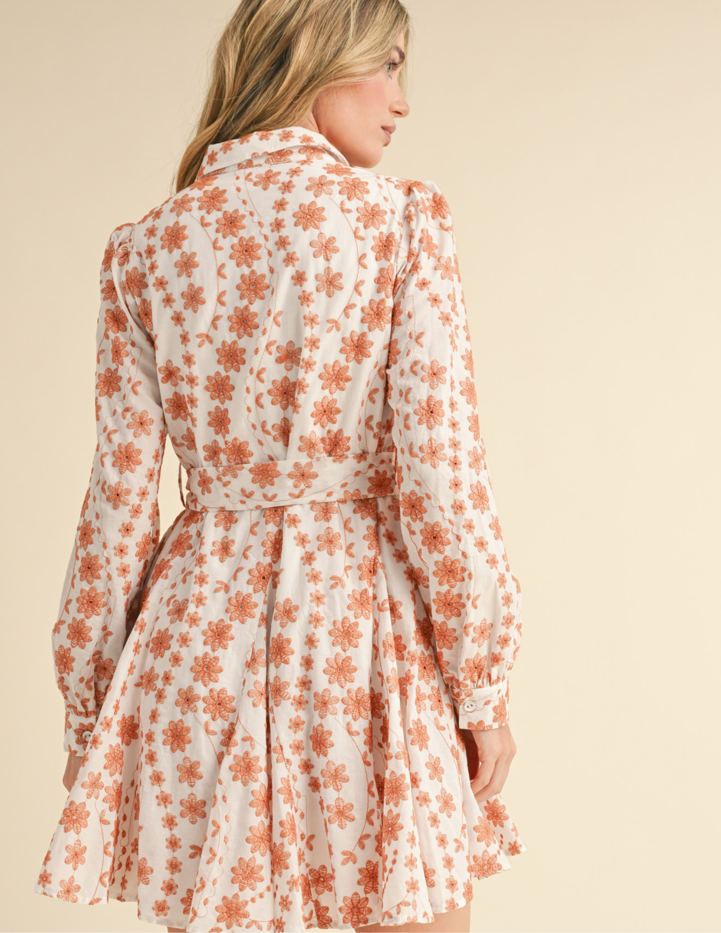 Floral Embroidery Button Down Flared Mini Dress
