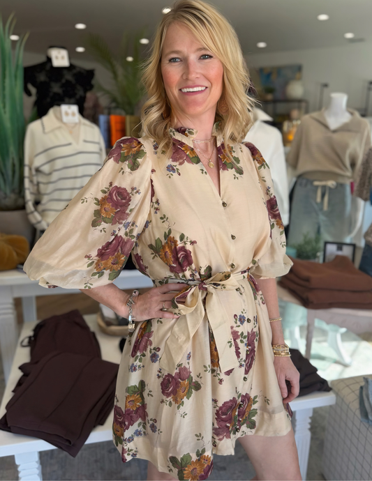 Floral Mini Dress- Ecru