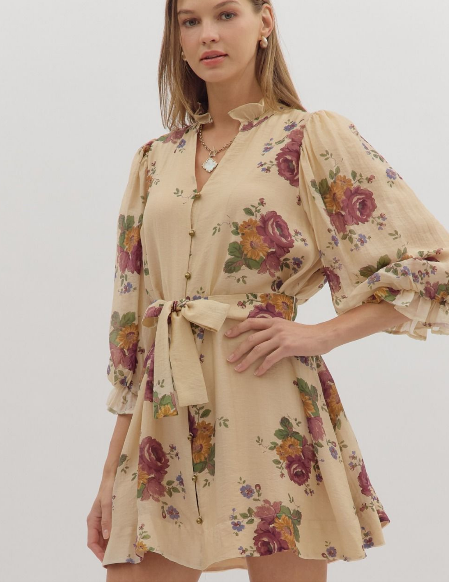 Floral Mini Dress- Ecru