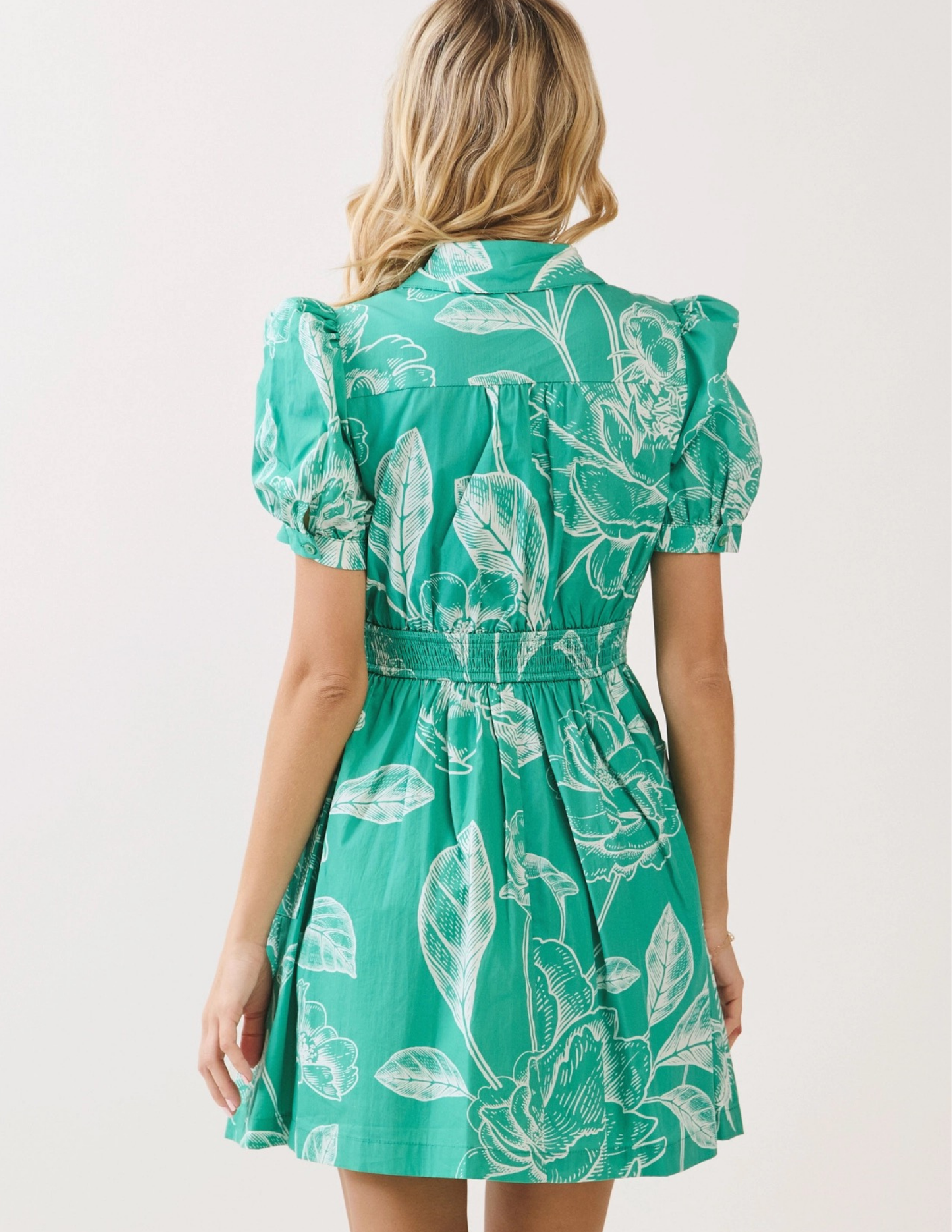 Floral Print Collared Spring Dress- Green