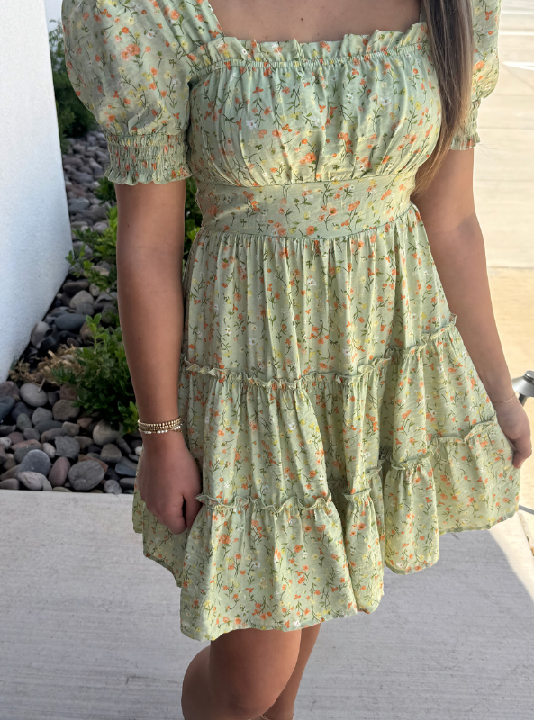 Floral Square Neck Tiered Mini Dress