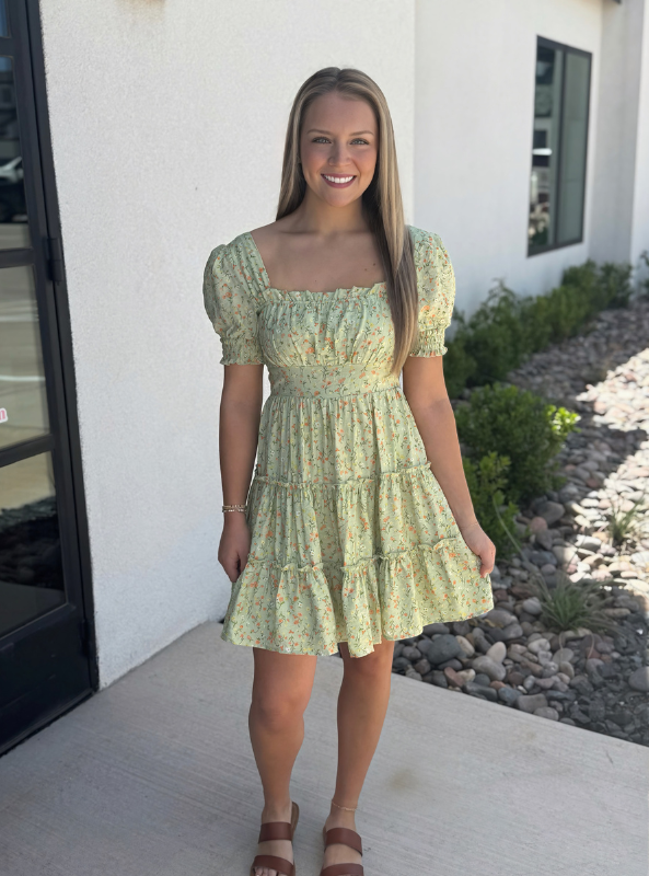 Floral Square Neck Tiered Mini Dress