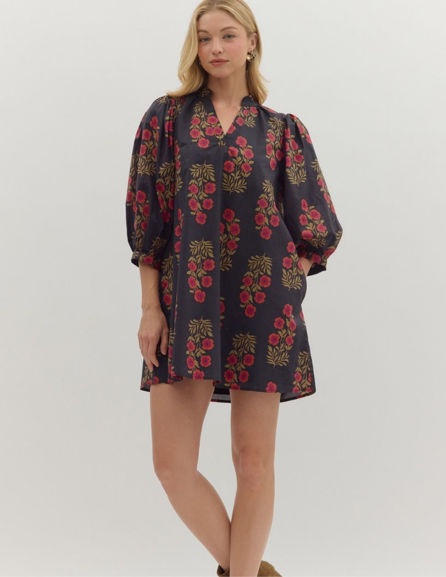 Flourish With Love Floral VNeck Dress- Black - Tres Chic Boutique