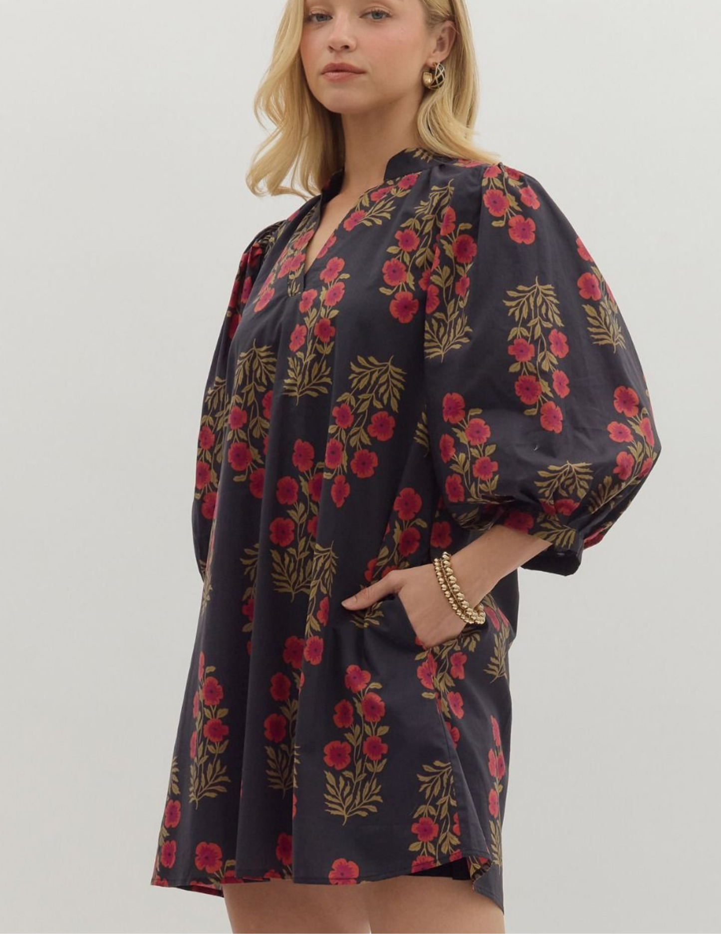 Flourish With Love Floral VNeck Dress- Black - Tres Chic Boutique