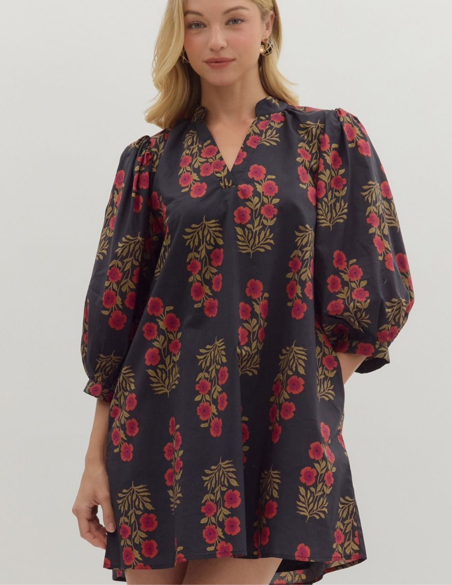 Flourish With Love Floral VNeck Dress- Black - Tres Chic Boutique