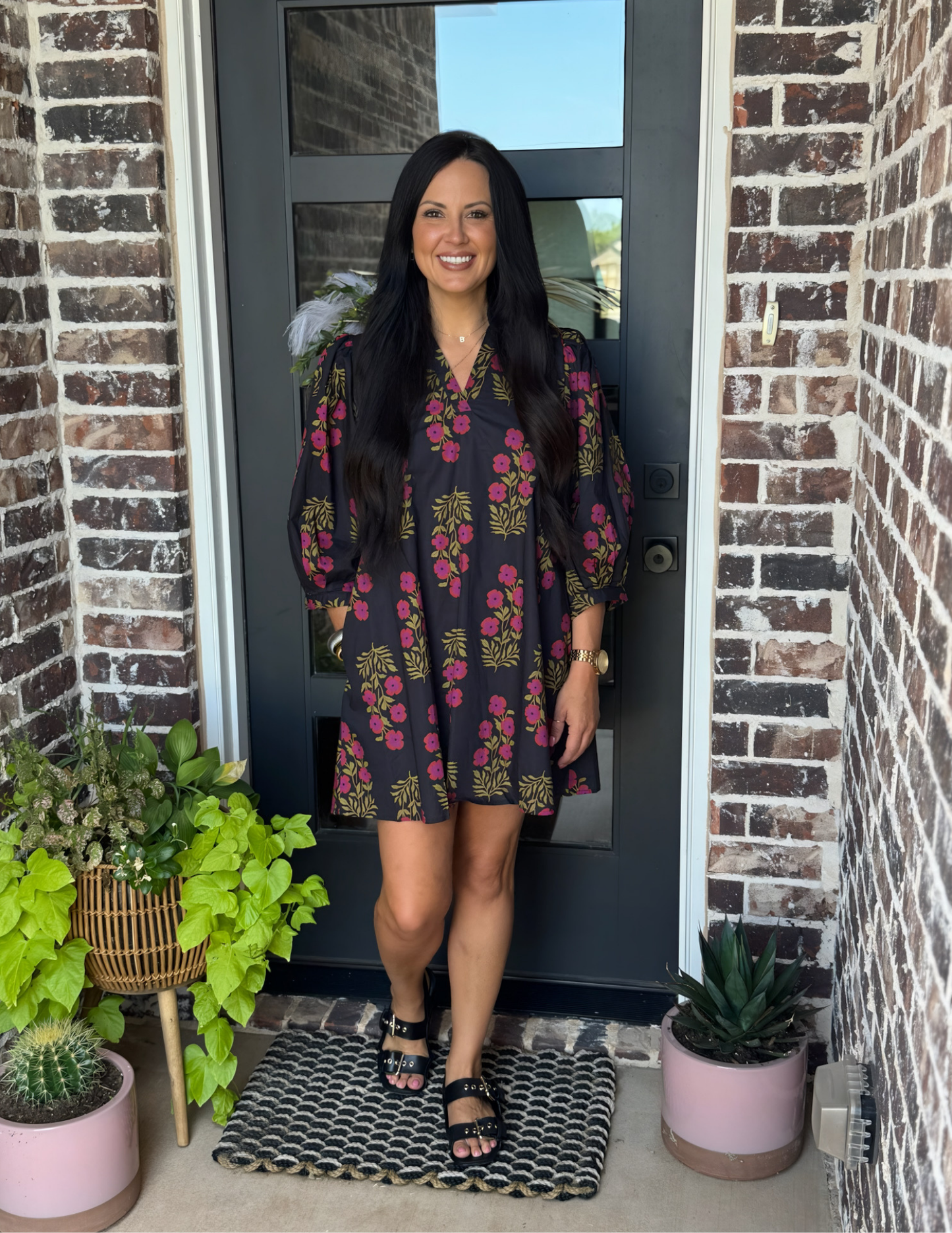 Flourish With Love Floral VNeck Dress- Black - Tres Chic Boutique