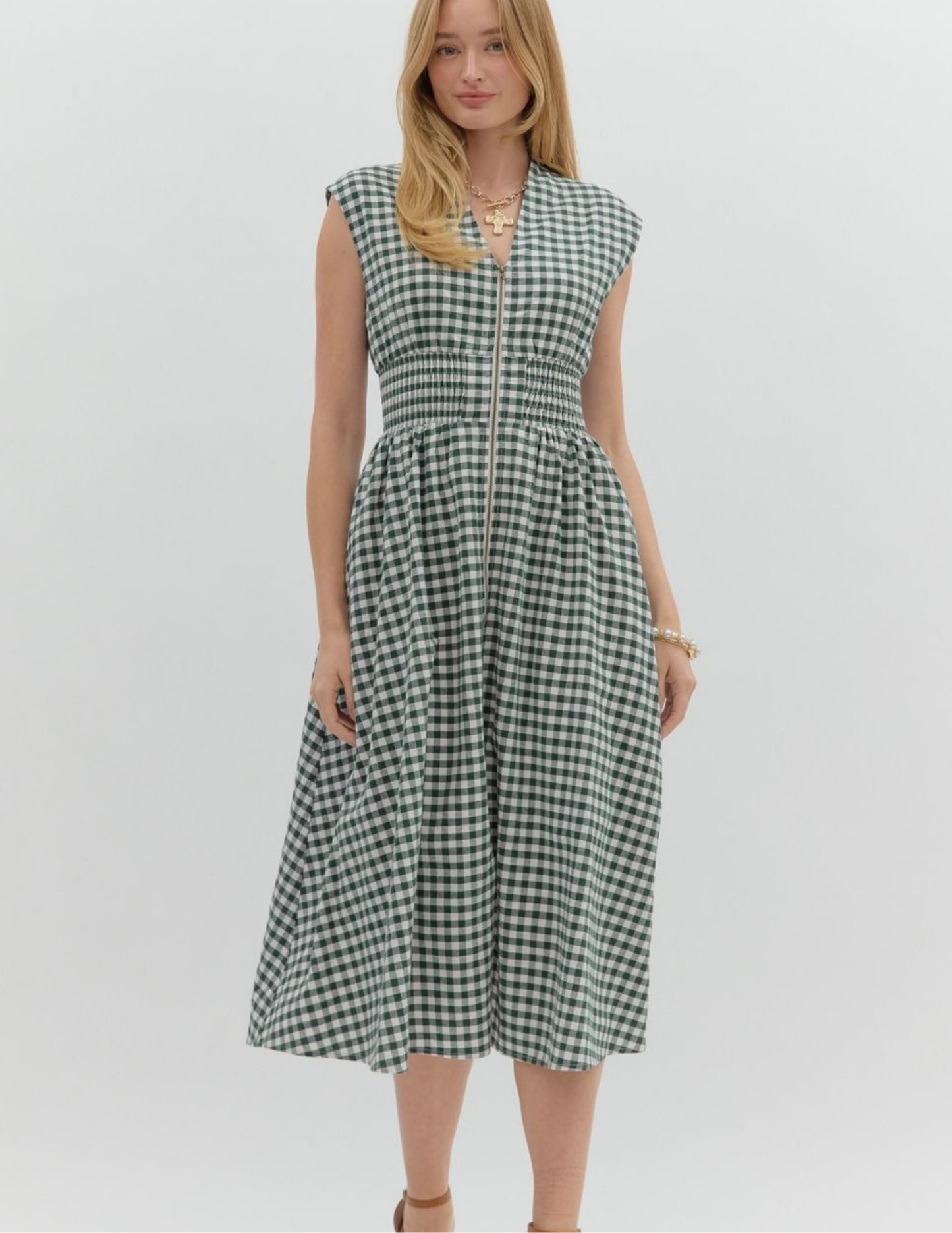 Gingham VNeck Midi Dress- Forest - Tres Chic Boutique